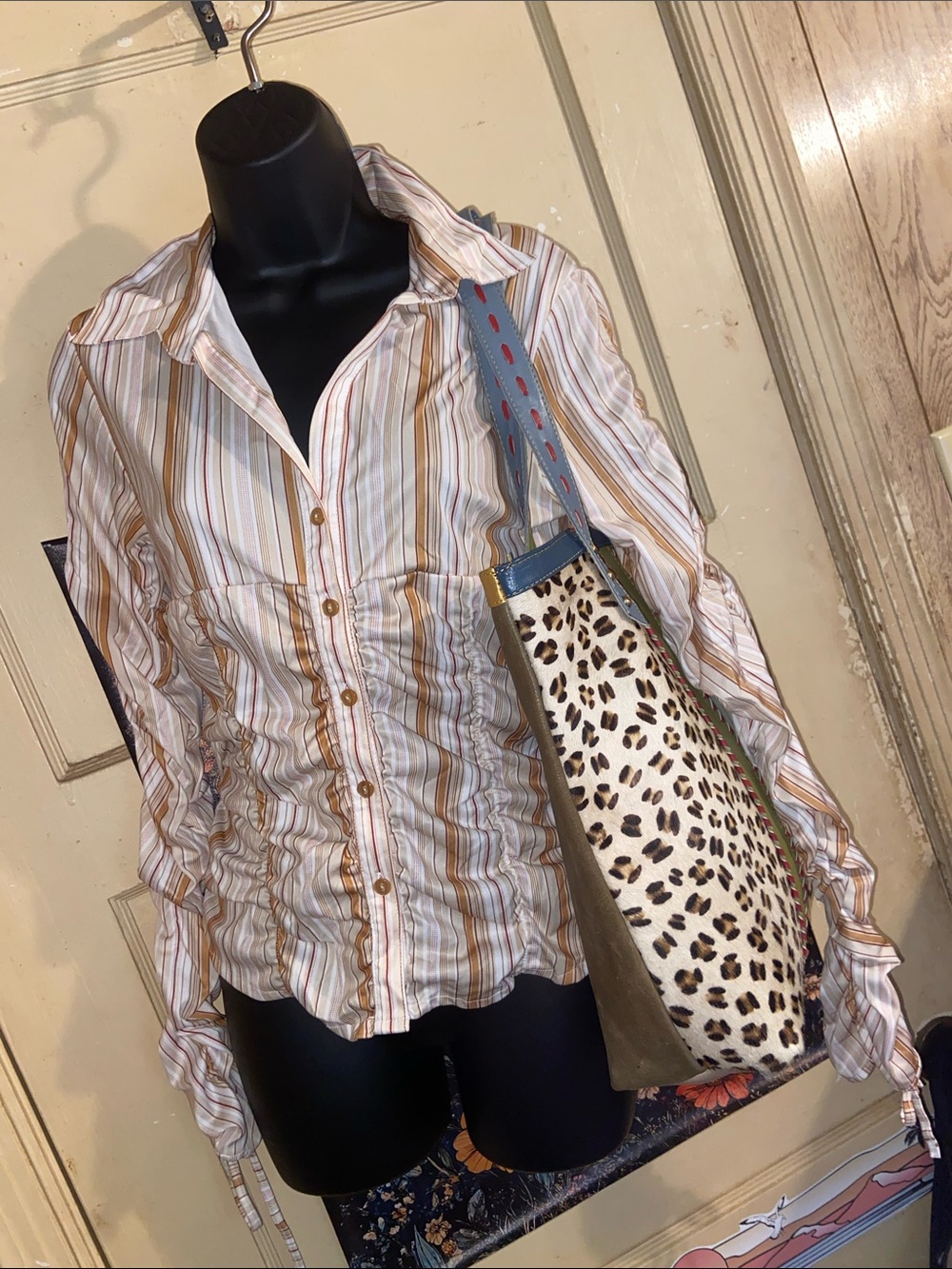 Y2K RUCHED PINSTRIPE BLOUSE Button Down VOICE Cream, White, Tan & Red